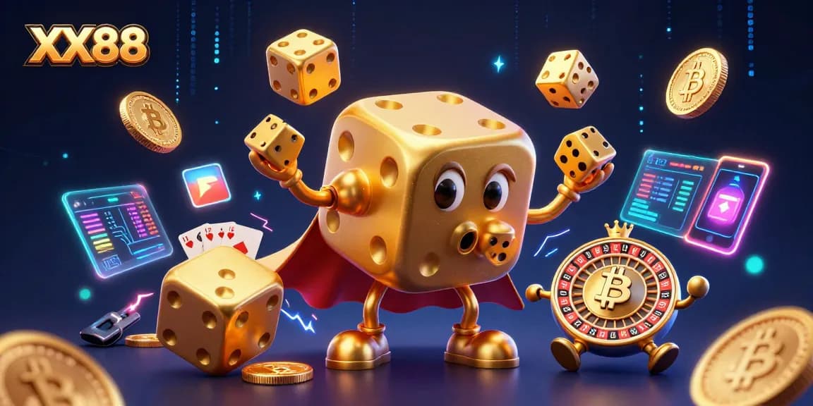 Experience thrilling action at XX88 with a golden dice golem and vibrant crypto elements in a casino.