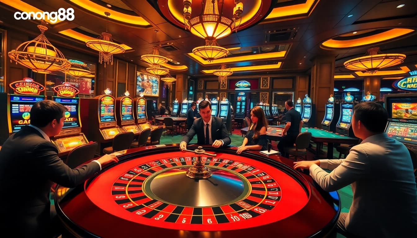 Bong88 players experiencing a thrilling casino atmosphere with roulette and slot machines.