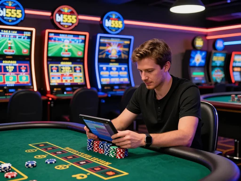 Exciting gambling scene with player engaging in betting at bl555, showcasing vibrant casino atmosphere and digital game displays.