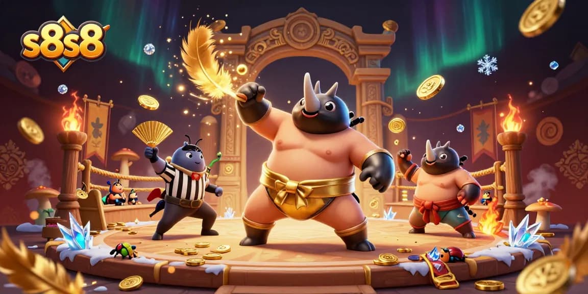 Witness the thrilling action of s8s8 with a cartoon sumo beetle championship, showcasing dynamic gambling excitement.