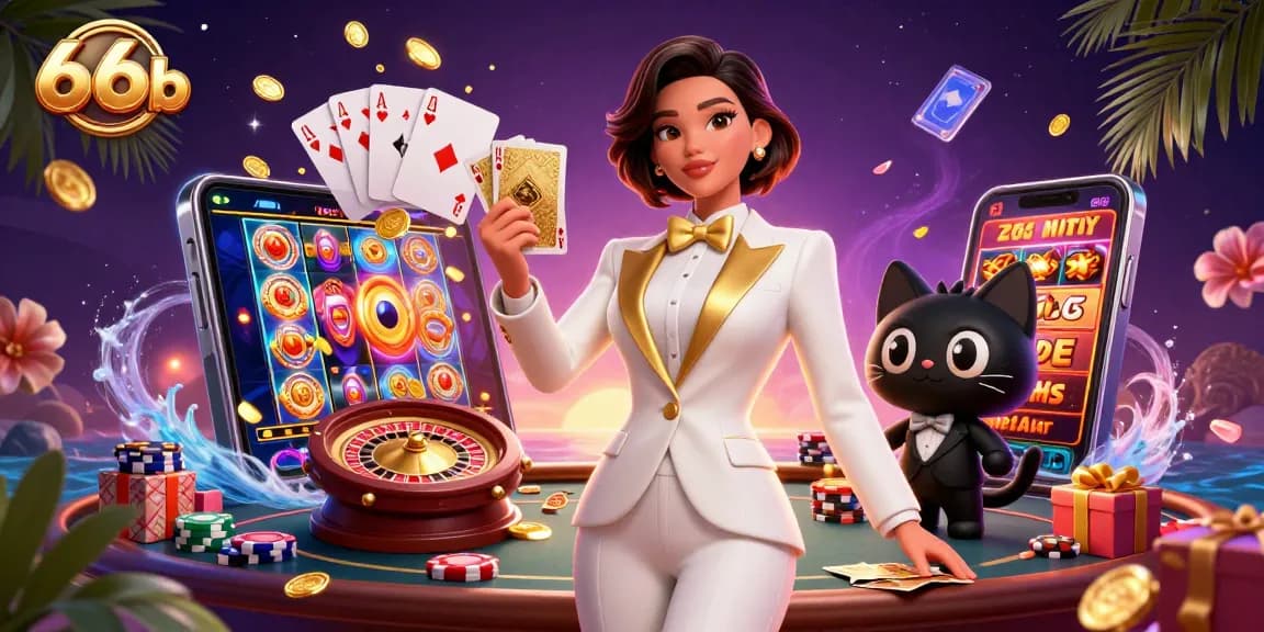 Engage with 66b casino's vibrant atmosphere, featuring a stylish woman and energetic gaming elements.