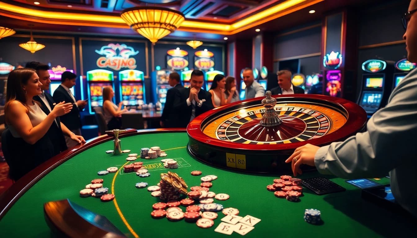 A lively poker game at https://xx88.host showcasing professional players and poker chips.