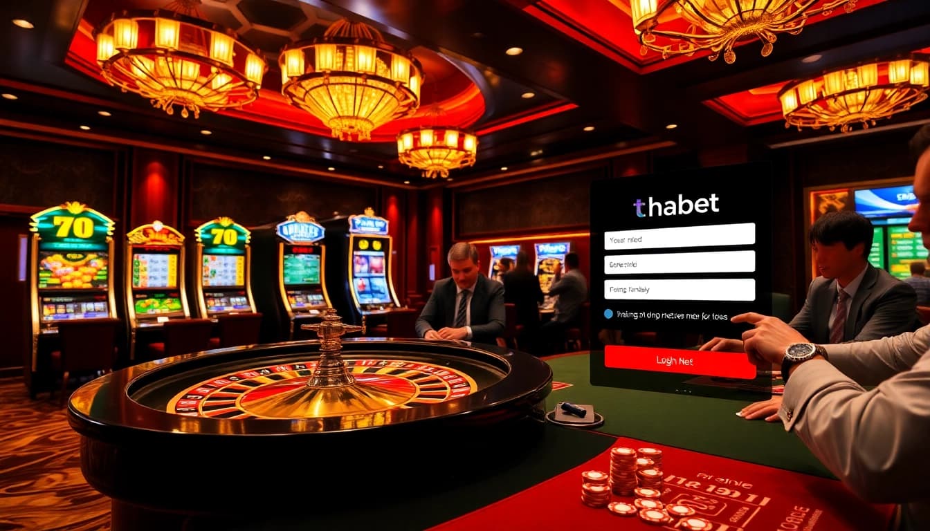 Engaging players showcasing đăng nhập thabet at an elegant casino, capturing excitement with poker chips and roulette tables.