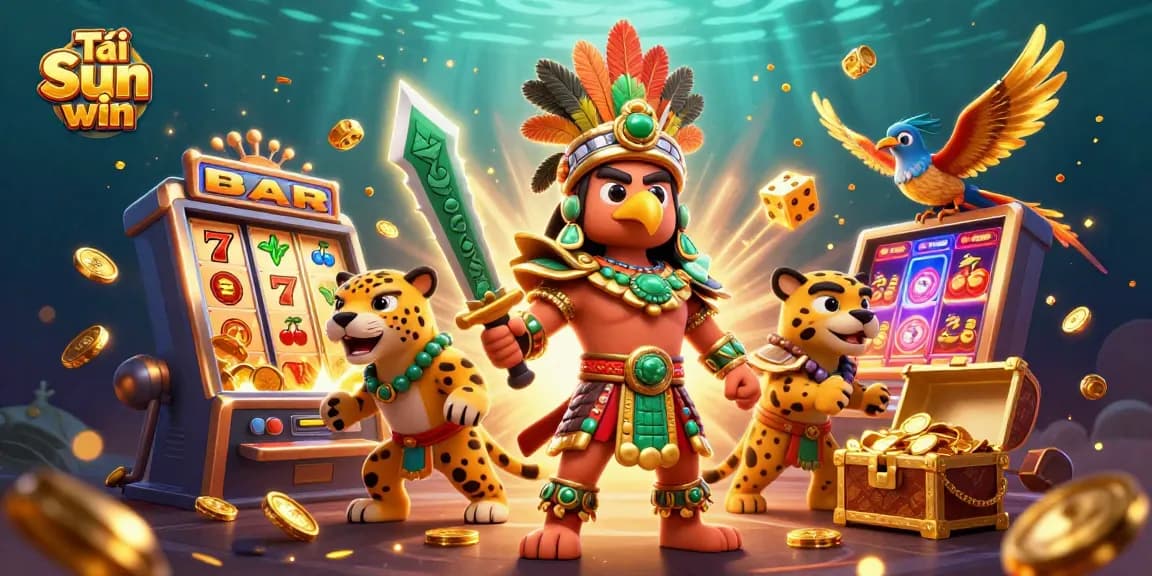 Experience the thrill of Tải Sun win with colorful casino games and dynamic jackpot symbols in this vibrant illustration.