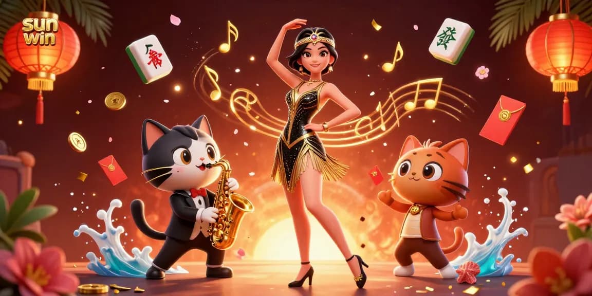 Experience thrilling games and promotions at sun win with a vibrant casino-themed illustration featuring unique characters.