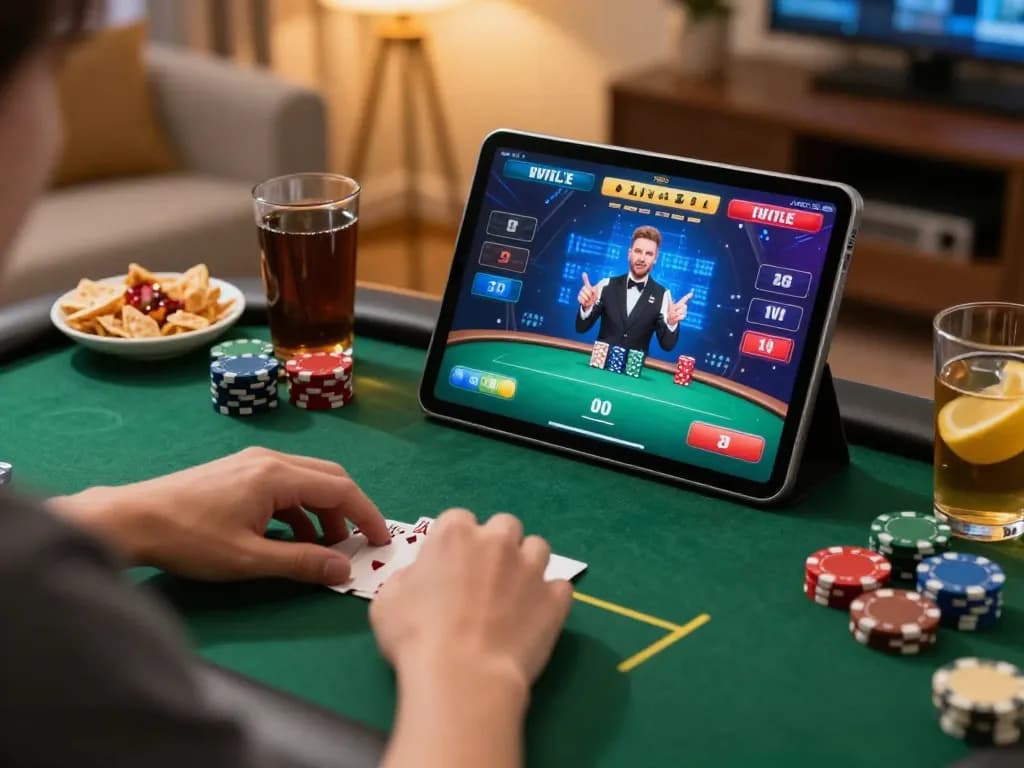 go88 player enjoying online poker action on tablet in a cozy home environment