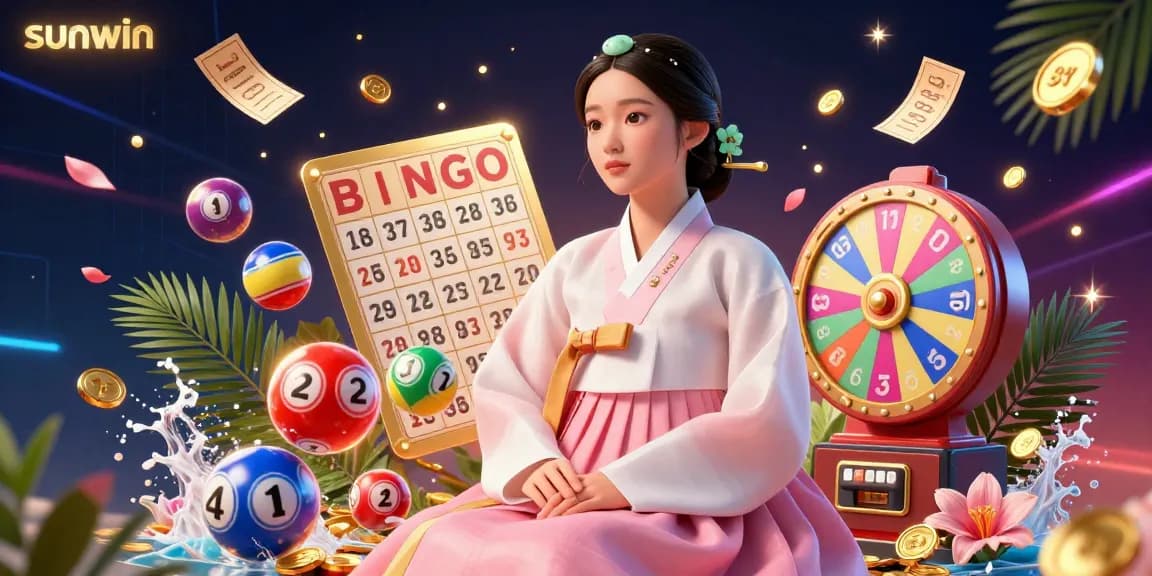Experience sunwin's exciting gaming atmosphere with vibrant lottery elements and a serene central character.