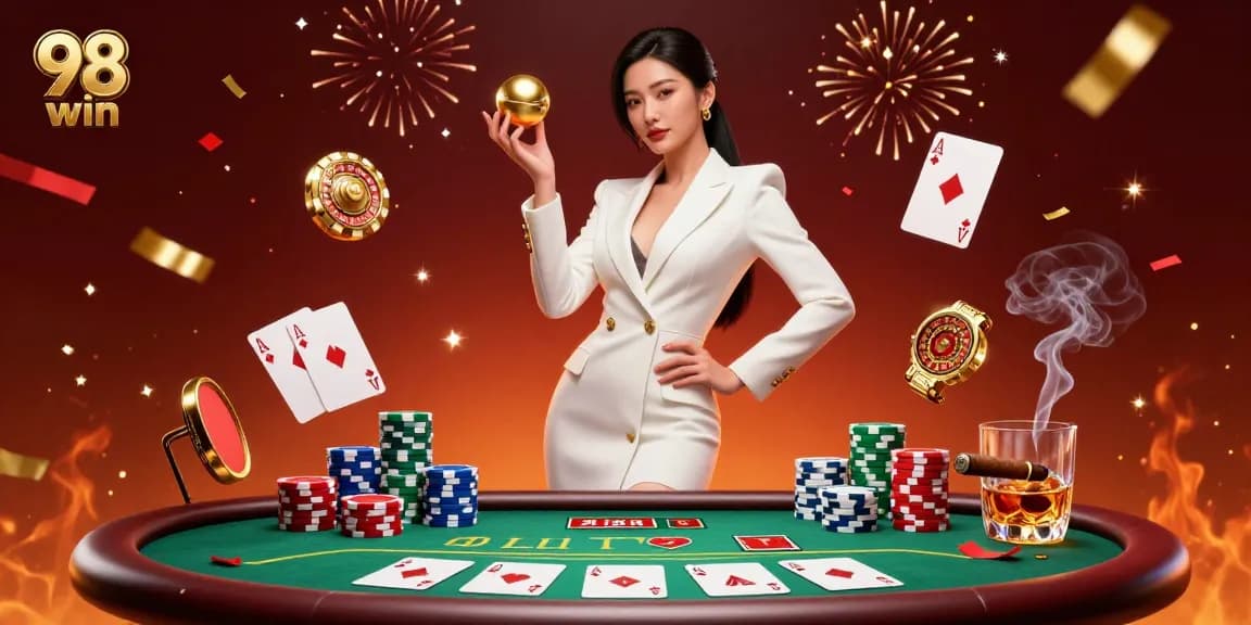 Win big with 98 win at this luxurious casino scene featuring a confident Asian woman holding a roulette ball.