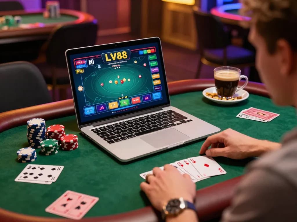 Person playing LV88 poker on a laptop in a cozy gaming setup, vibrant and engaging atmosphere.