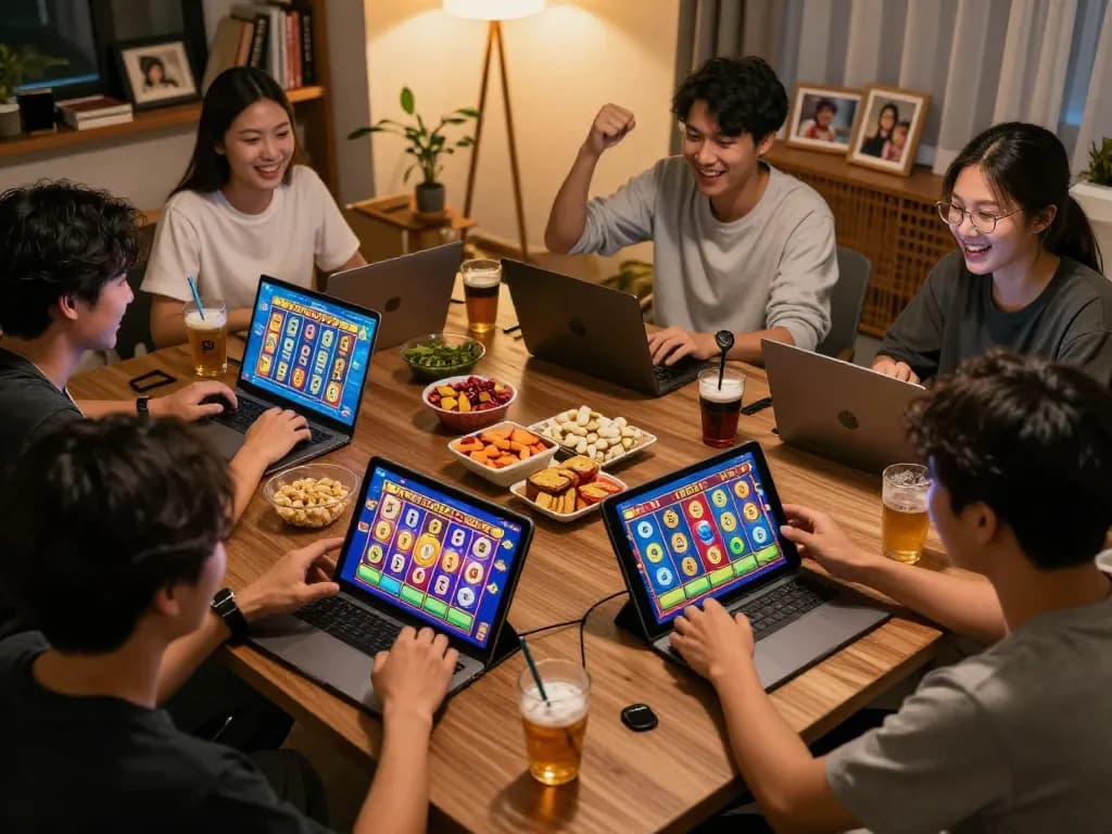 Players celebrating big wins on slot gacor games in a cozy home setting, enjoying online gaming.