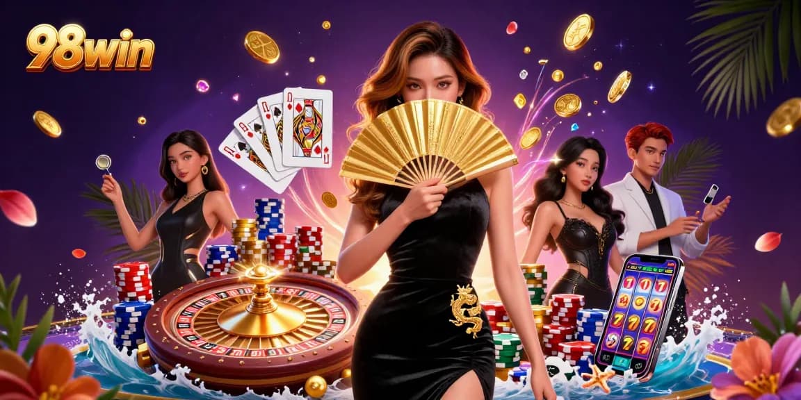Experience thrilling gameplay at 98win with cascading golden coins and a stunning casino atmosphere.