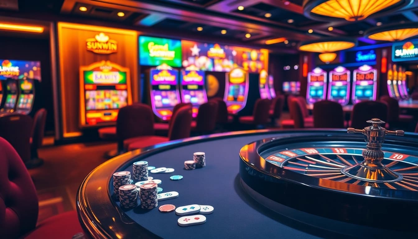 Sunwin casino scene with poker chips, cards, and vibrant slot machines, showcasing excitement and luxury.