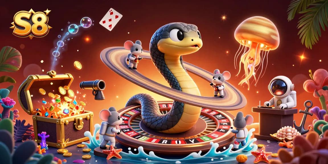 S8 players engaging in cosmic roulette with astronaut mice betting on Saturn's rings amidst treasure and vibrant underwater scenery