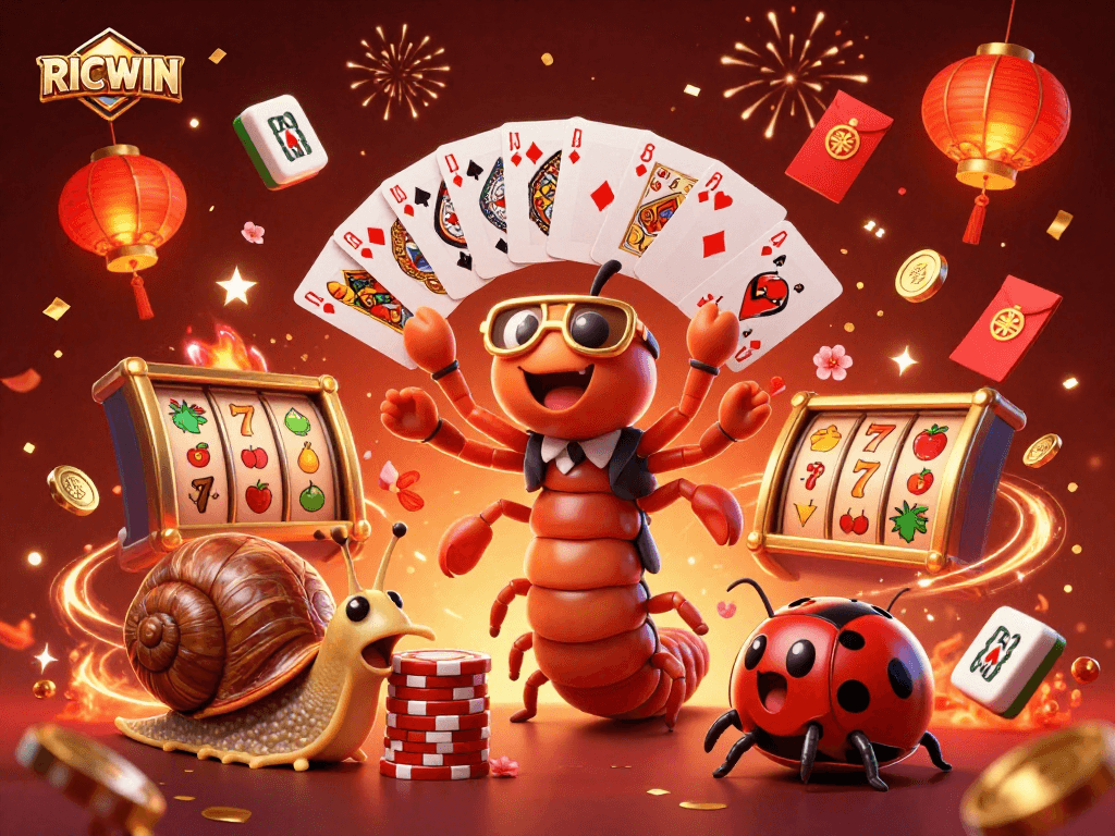 Experience the thrill of RICWIN with cartoon characters fanning cards and celebrating wins.