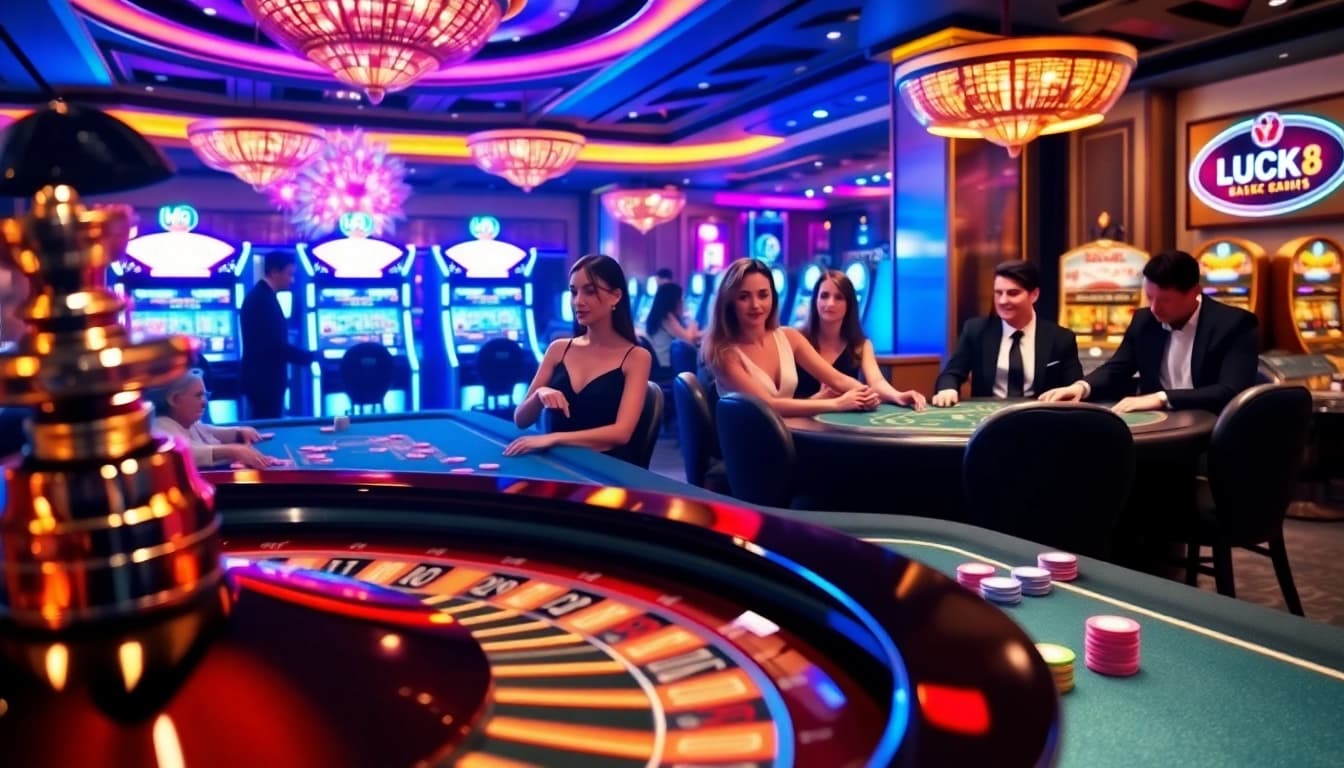 Engaging casino scene with LUCK8 branding featuring roulette and excited players.