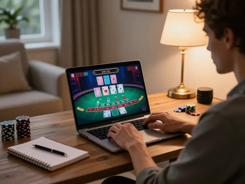 A player focusing on blackjack gameplay at 33win, showcasing intense strategic moments in an elegant home office.