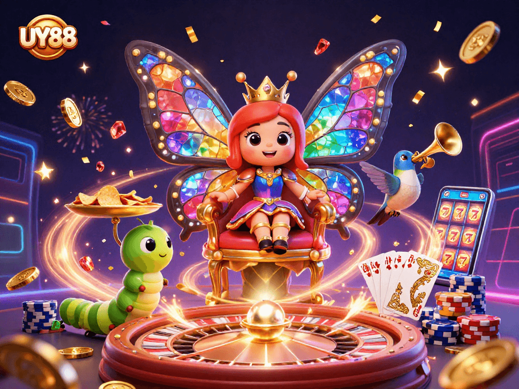 Spin the reels with UY88's vibrant casino characters and sparkling treasures.