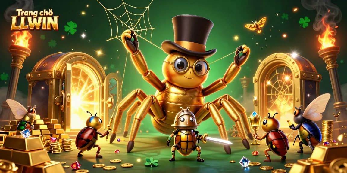 Experience the vibrant scene at Trang chủ LLWIN with a golden tarantula weaving between pillars and treasure around!
