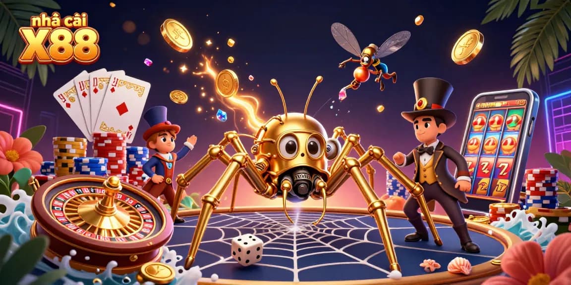 Engage with nhà cái X88 in this vibrant 3D digital art showcasing a carnival of casino excitement and winnings.