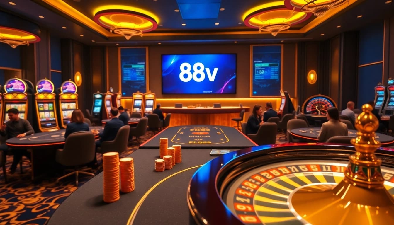 Experience the excitement of nhà cái 88vv with vibrant casinos showcasing poker tables and slot machines.