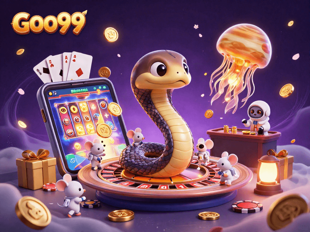 Experience GOO99's vibrant casino universe with a Saturn ring snake and astronaut mice betting.