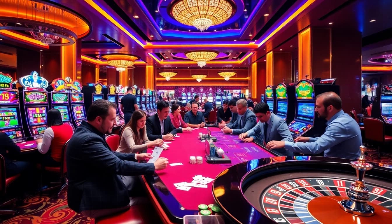 Players enjoy a thrilling casino experience at BL555 with exciting games and vibrant decor.