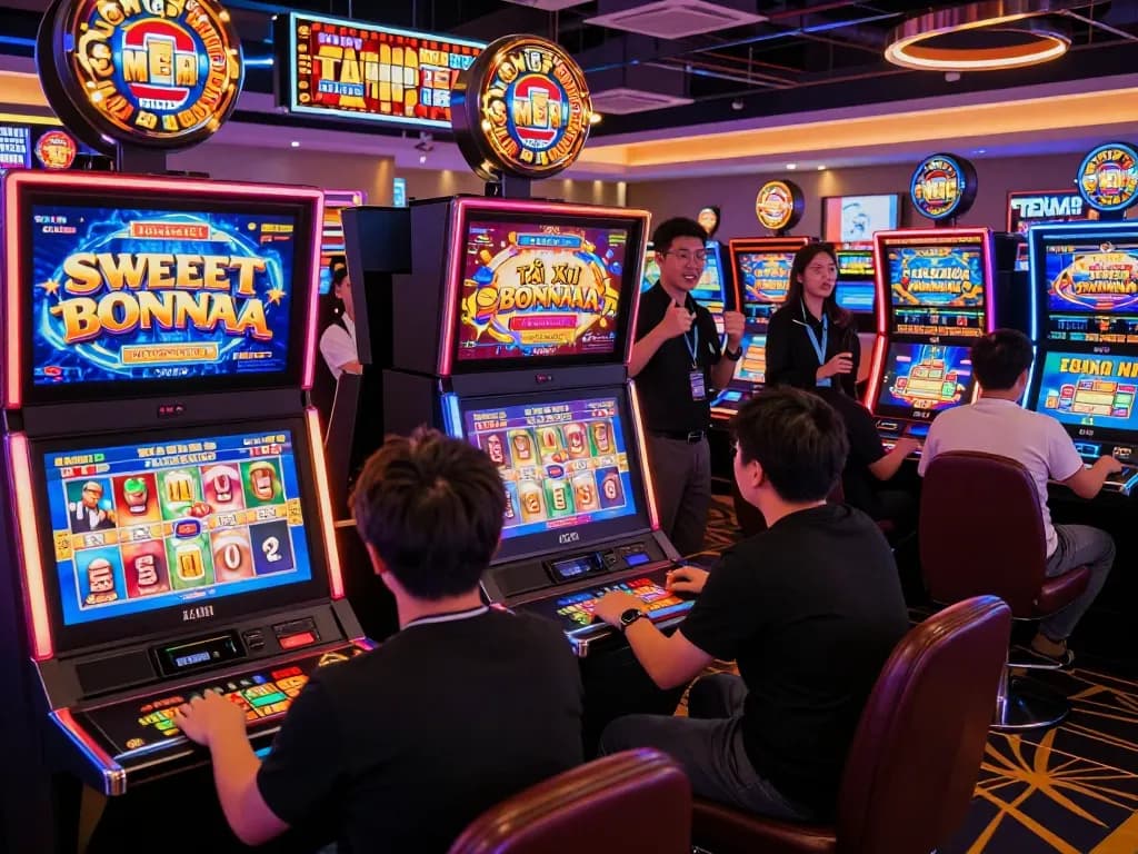 Players enjoying slot games at a vibrant casino, highlighting https://max79.guru/ gaming experience.