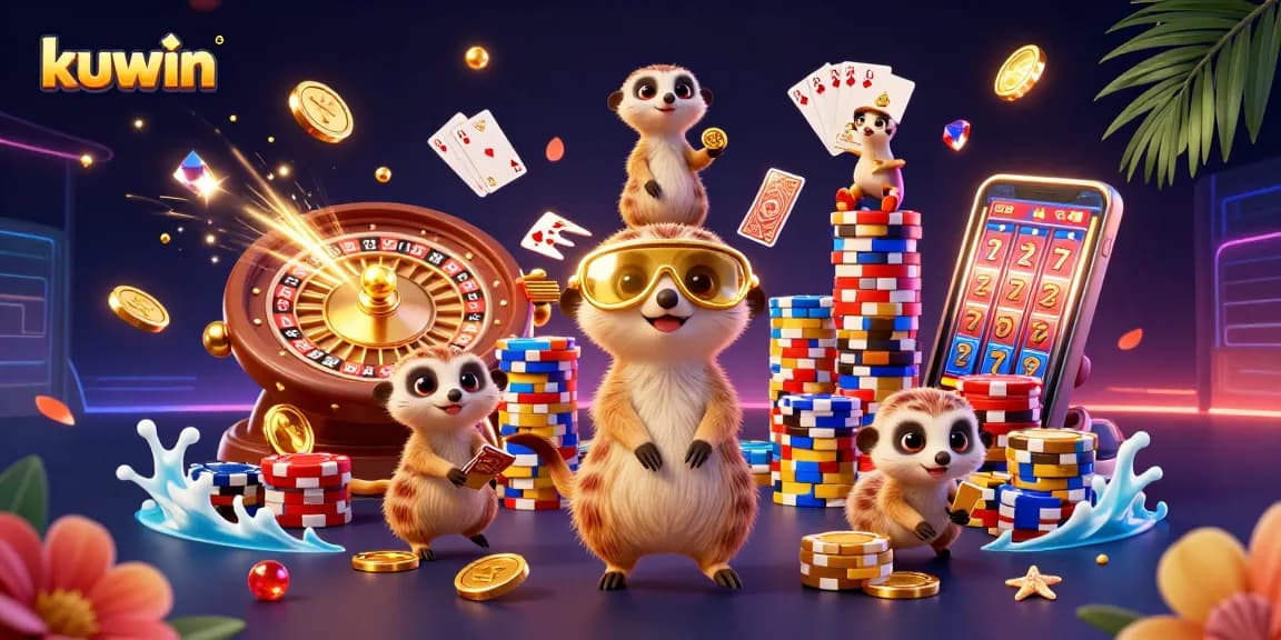 Kuwin meerkats create an exciting casino scene with colorful chips and cascading coins.