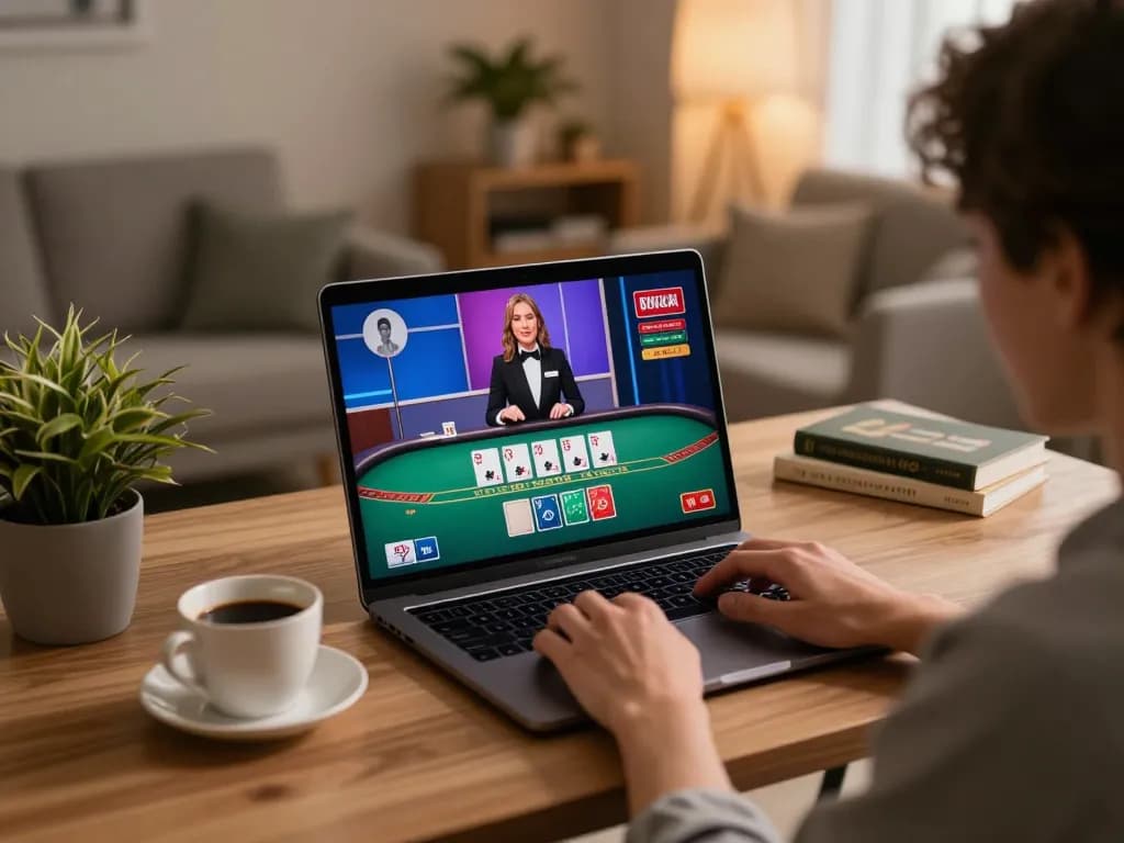 MM88 player enjoying live blackjack at home, showcasing engaging gameplay and strategic betting.