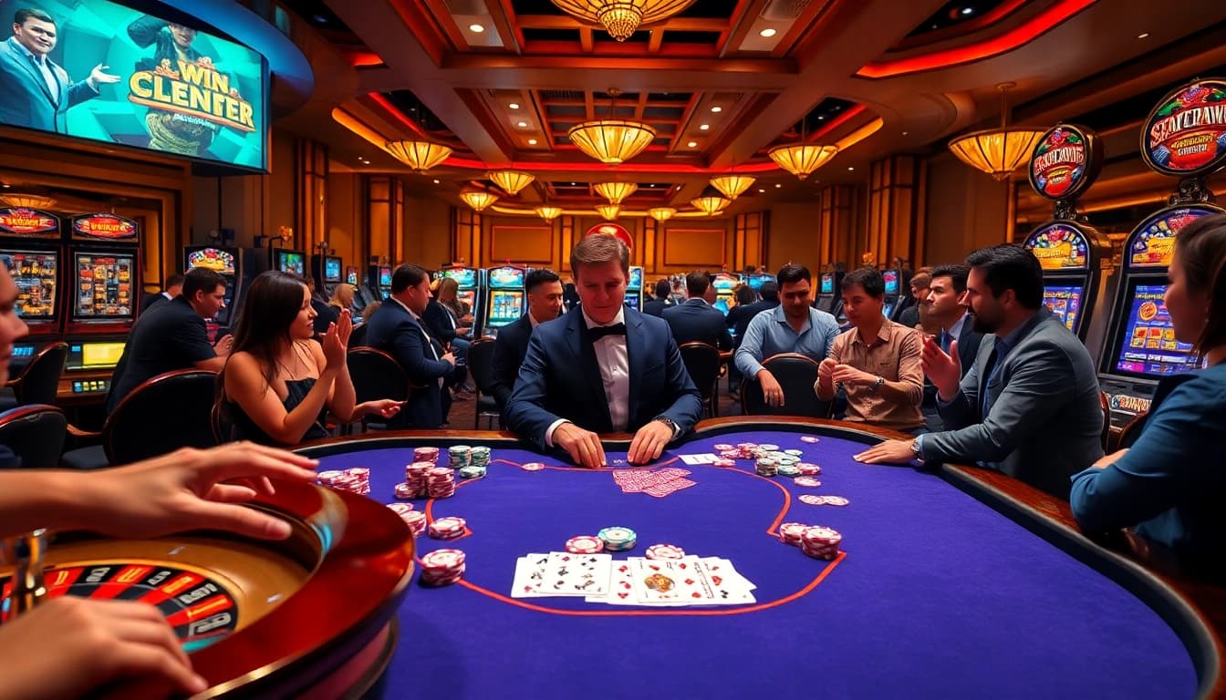 Exciting casino scene at https://okwin68.net/ showcasing professional gambling action and vibrant atmosphere.