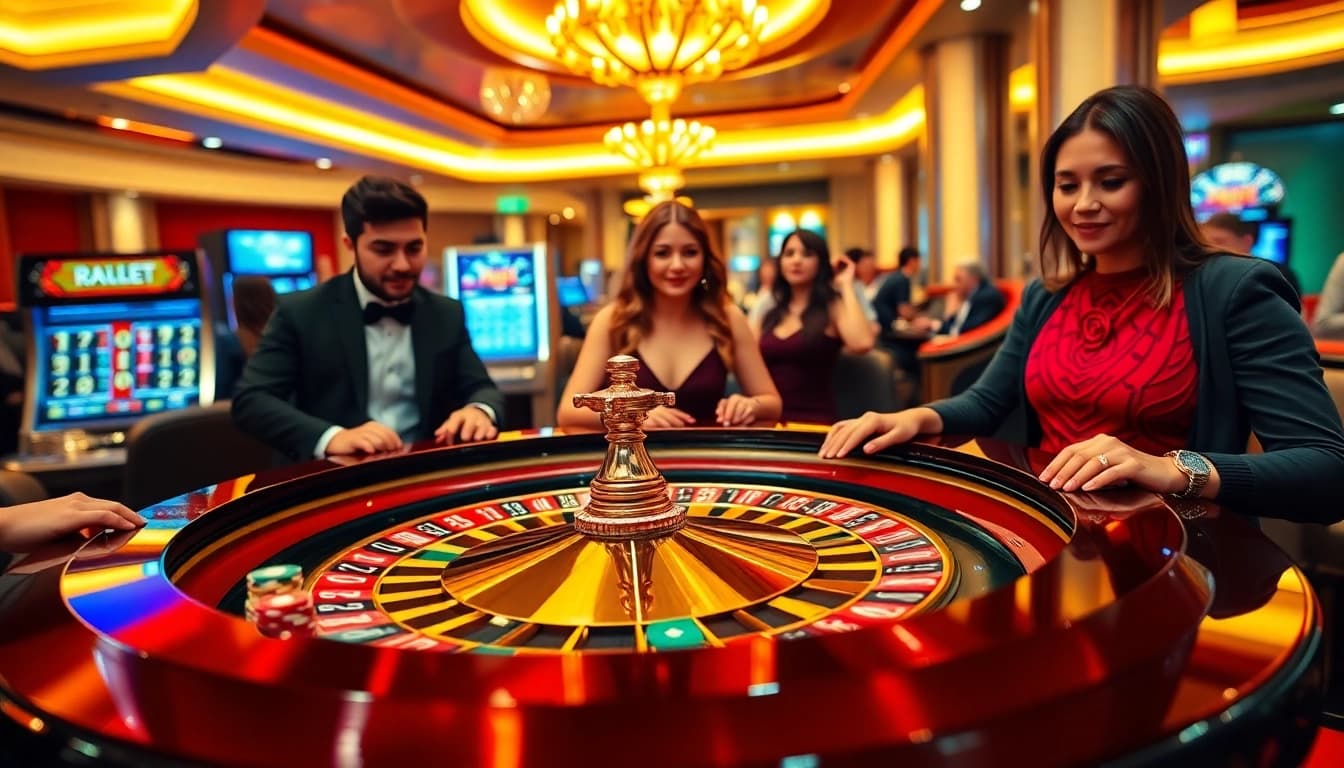 Exciting gameplay at RR88 casino with players betting at the roulette table and vibrant poker chips.
