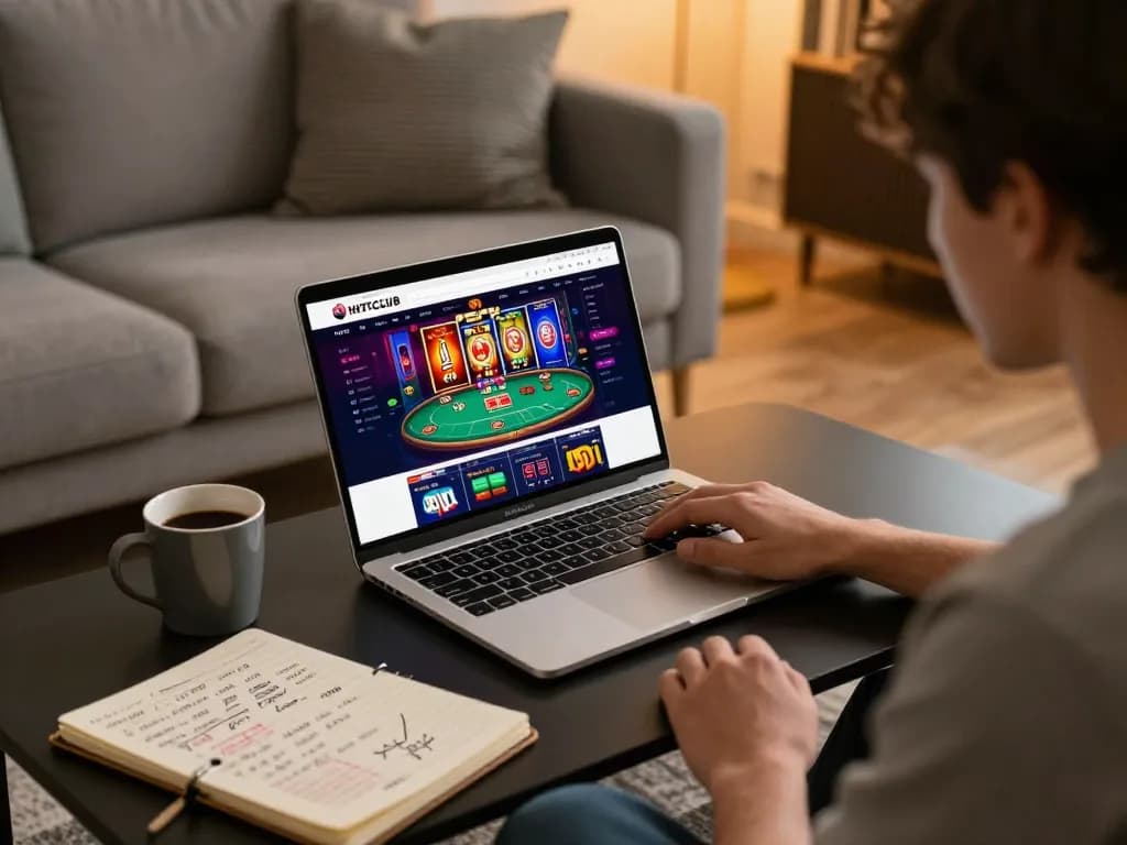 Enjoying gameplay on HITCLUB web at home, showcasing a laptop with poker games and a cozy atmosphere.