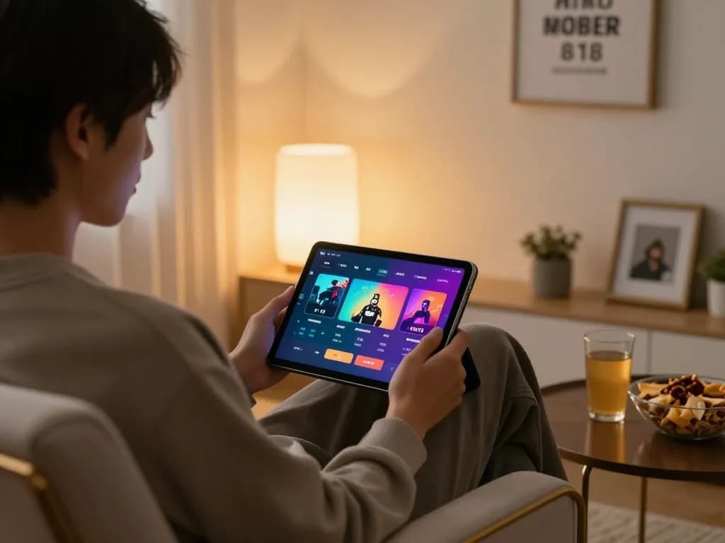 Engaged player exploring the go86vn online gaming app on a tablet in a cozy home setting