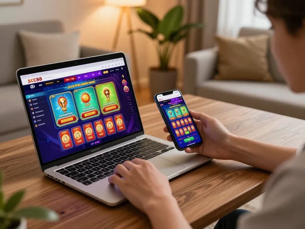 Engaging player using SC88 on a laptop and smartphone, immersed in online gaming.