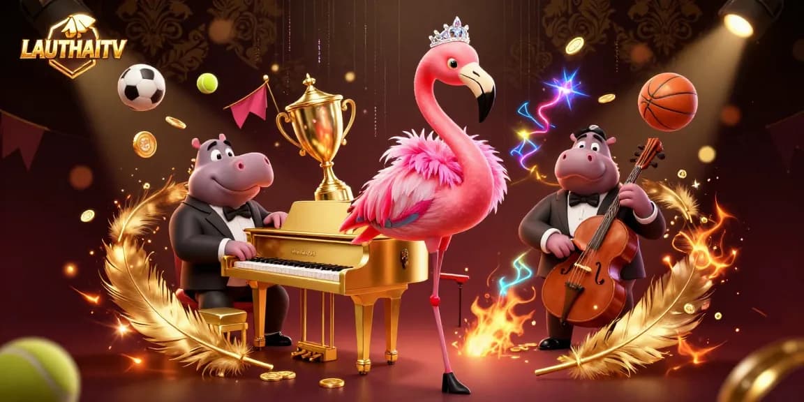 Engage in thrilling sports betting with LAUTHAITV in an atmospheric 3D scene featuring vibrant characters and action.