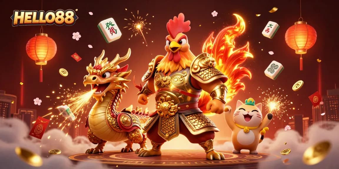 Play thrilling games at HELLO88 with a spirited rooster, dragon, and lucky cat in a vibrant casino scene.