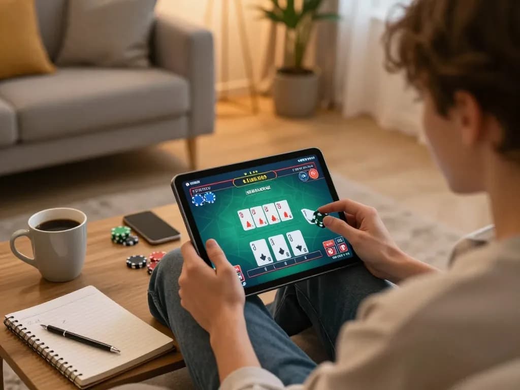 Engaged player at home using fly88 com for online poker, highlighting gaming excitement.