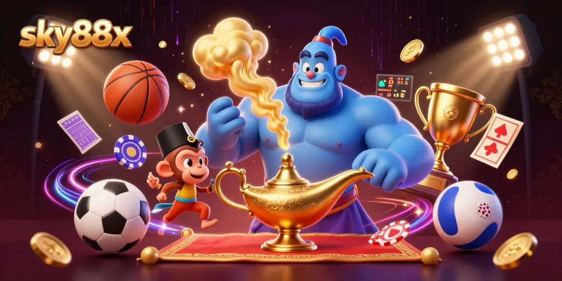 Experience thrilling action at sky88x with a dynamic 3D illustration of a genie, monkey, and magic carpet amidst vibrant game elements.