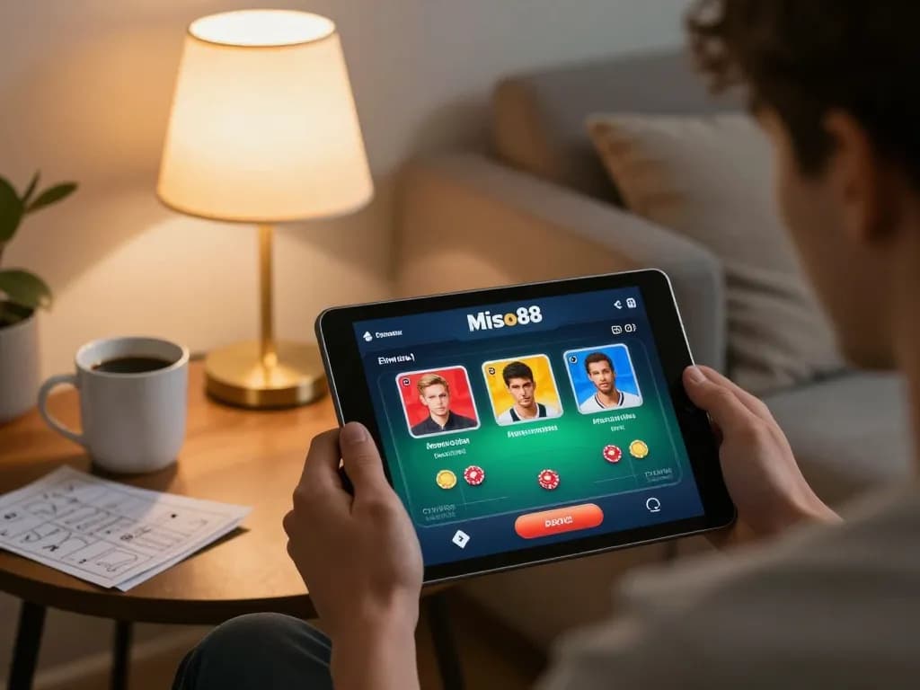 Miso88 user engaging in an online poker game from a cozy home setup, combining strategy and comfort.