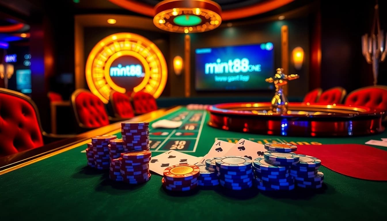 Enjoy a high-stakes poker game at https://mint88.one/ with exuberant chips and cards laid out.
