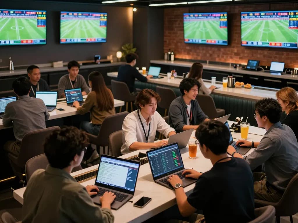 Analyzing football betting odds in a lively lounge during an exciting match