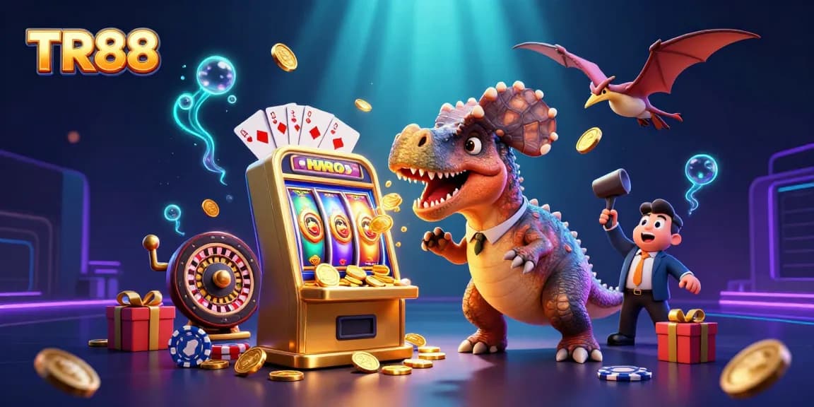TR88 explodes with excitement as a dinosaur headbutts a slot machine for coins.