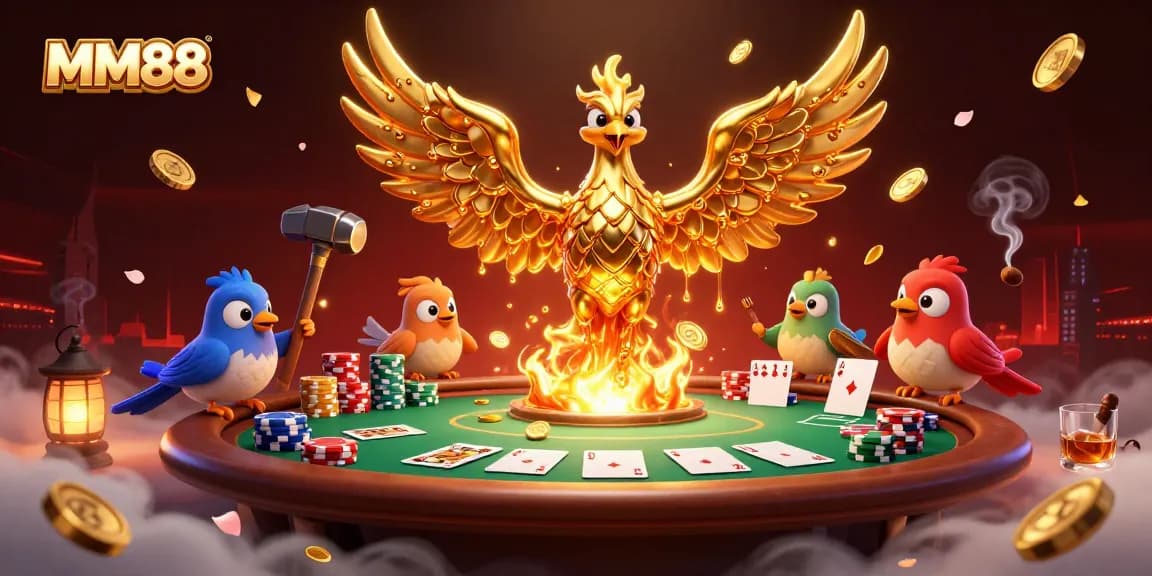 Engage with MM88's thrilling poker scene illuminated by molten gold and vibrant casino elements.