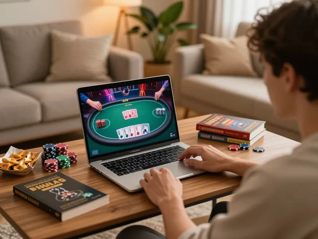 x88 player engaging in online casino gaming with cards and chips in a cozy home setting