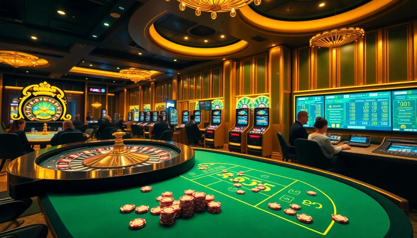 Engaging gambling scene featuring BL555 online poker tables and roulette wheels in a luxurious casino.