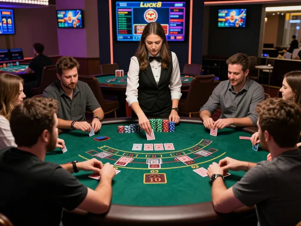 Players strategizing their bets at Luck8's live dealer blackjack, enhancing online gaming thrill.
