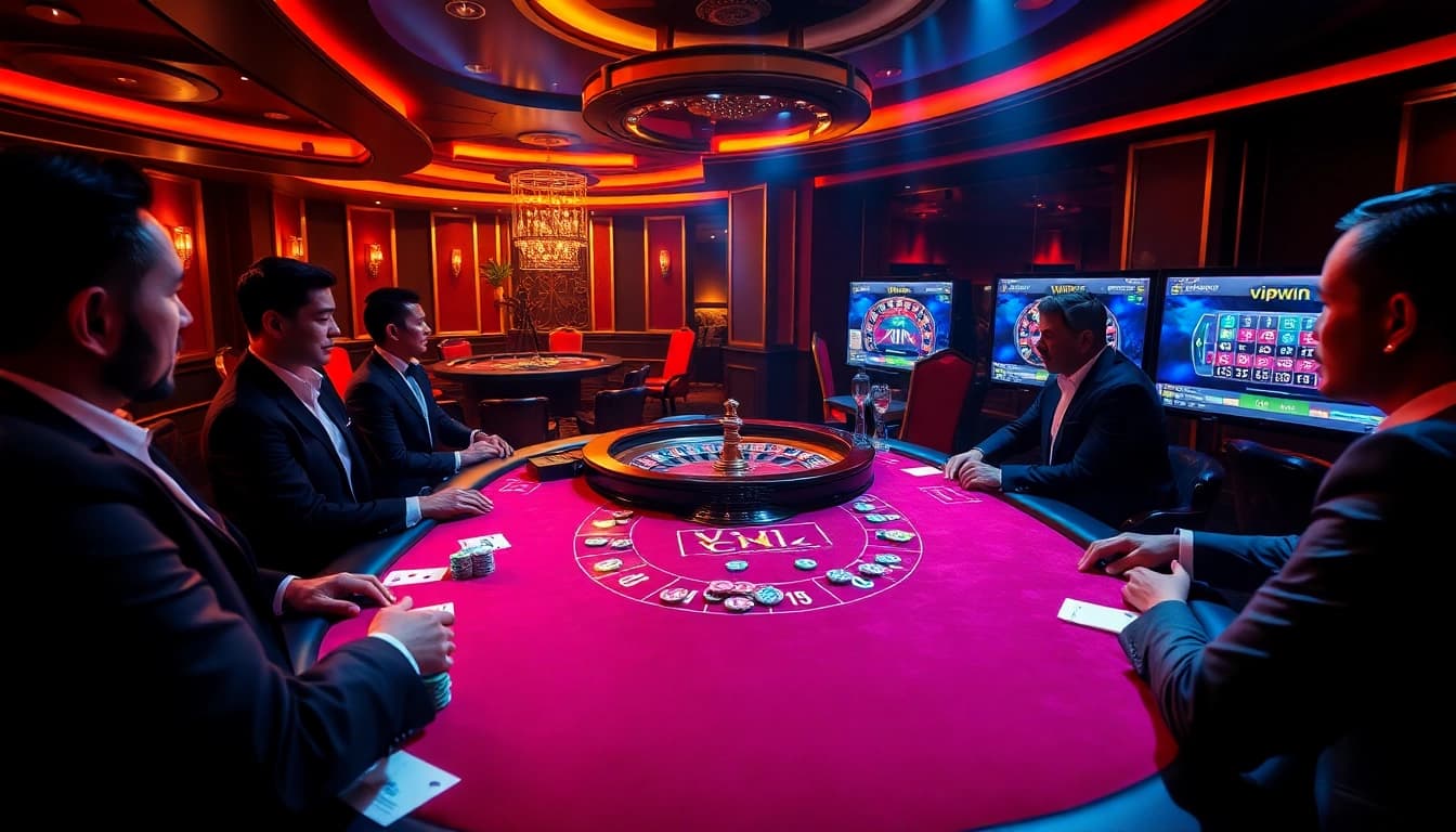 Experience the thrill of vipwin at a luxurious casino table filled with vibrant poker chips and cards.