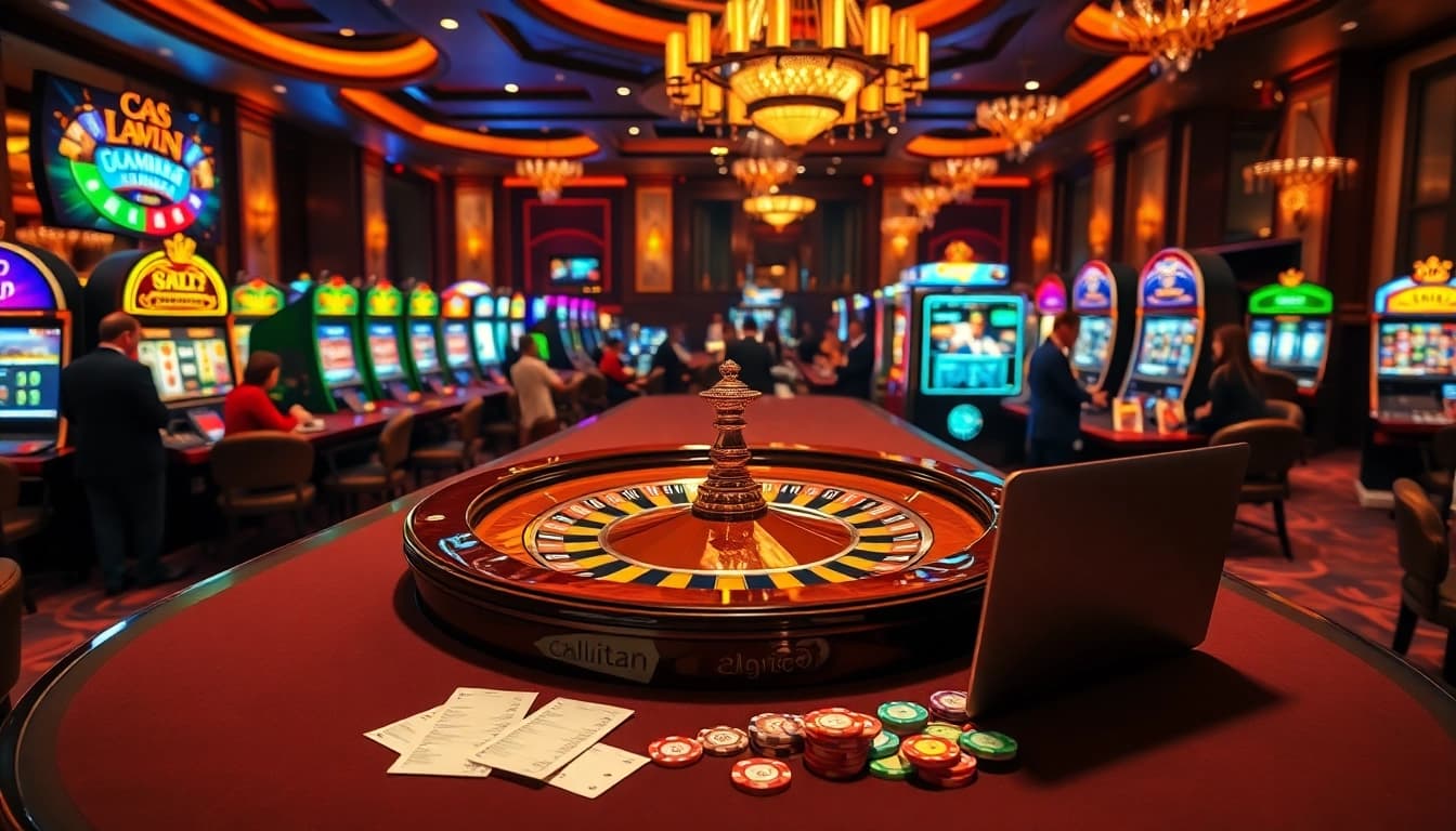 Experience the thrill of 789p gaming with a luxurious casino atmosphere, featuring roulette and slot machines.