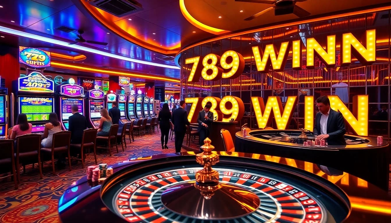 Players experience the thrill of winning at 789 WIN casino with vibrant slot machines and roulette tables.