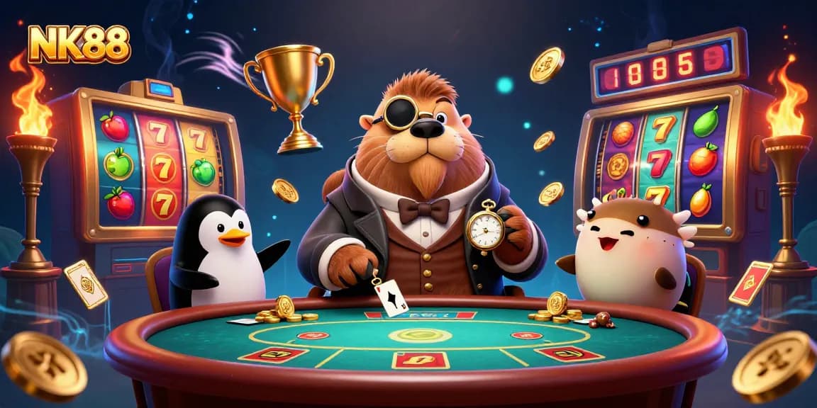 NK88 features a jolly walrus and friends enjoying a lively underwater slot game scene.